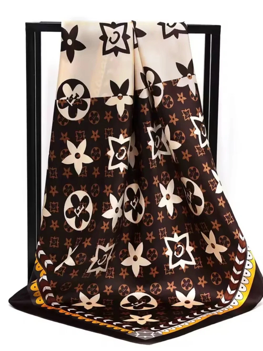 Luxury-Inspired Brown Floral Logo Silk Scarf